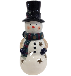 Holiday Snowman Candle Lantern - Solid Stoneware Christmas Statuary