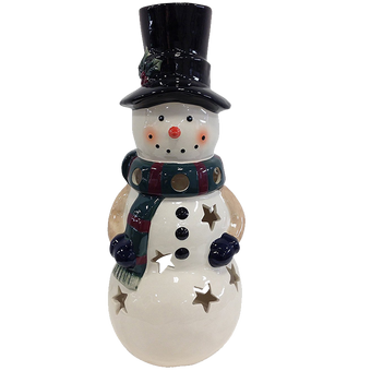 Holiday Snowman Candle Lantern - Solid Stoneware Christmas Statuary