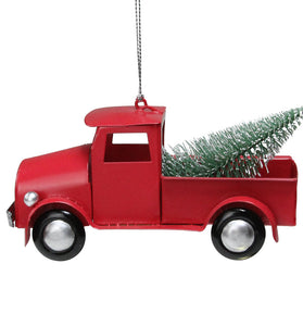 Red Vintage Truck With Frosted Tree Christmas Ornament